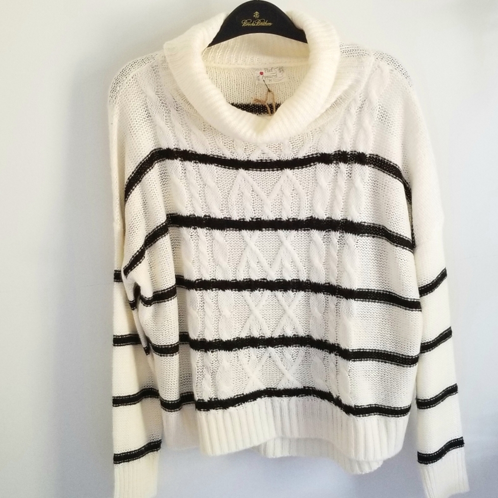 Poof NWT white black stripe cowl neck sweater med